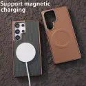 Luxury Business Plating Frame Leather Magnetic Phone Case For Samsung Galaxy Magsafe Wireless Charge Shockproof Cover