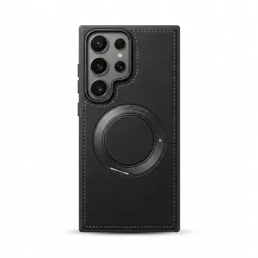 Magnetic Leather Phone Case with Integrated Ring Stand
