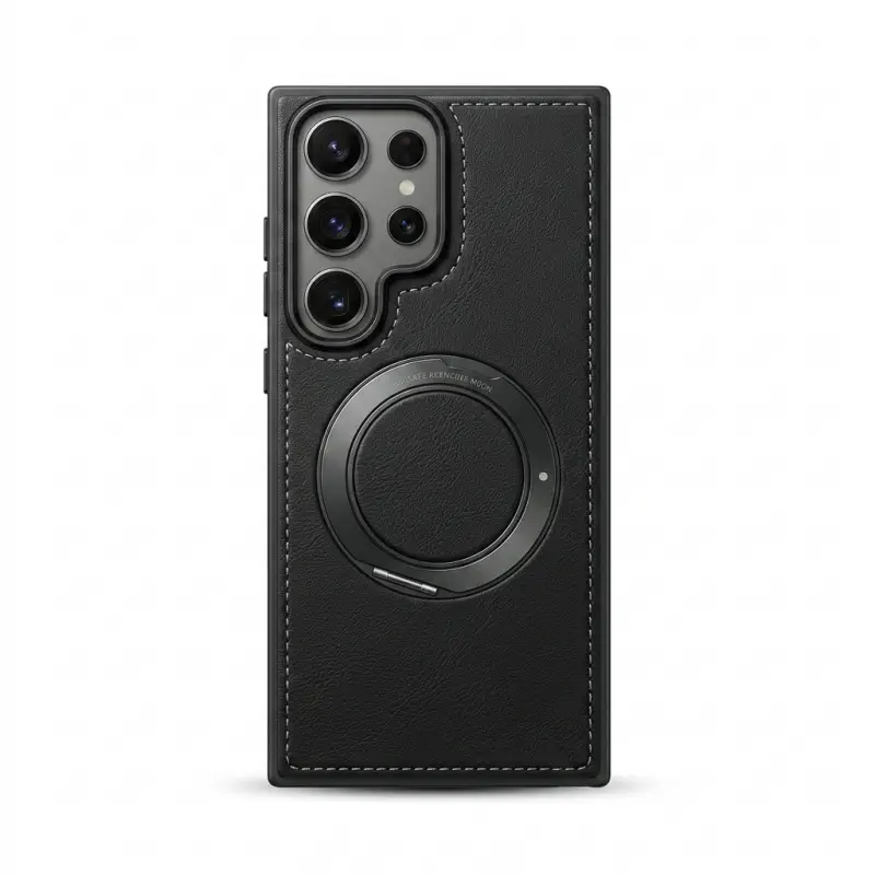Magnetic Leather Phone Case with Integrated Ring Stand