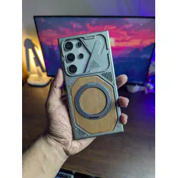 Wooden- Texture Cyber Armor Case With Magnetic Ring Kickstand