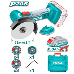 TOTAL Lithium-Ion Mini Cut-Off Tool TAGLI76012 – 20V, 19,500 RPM, 76mm (3") Disc, with 1 x 2.0Ah Battery, Charger, 7 Discs & Carrying Case