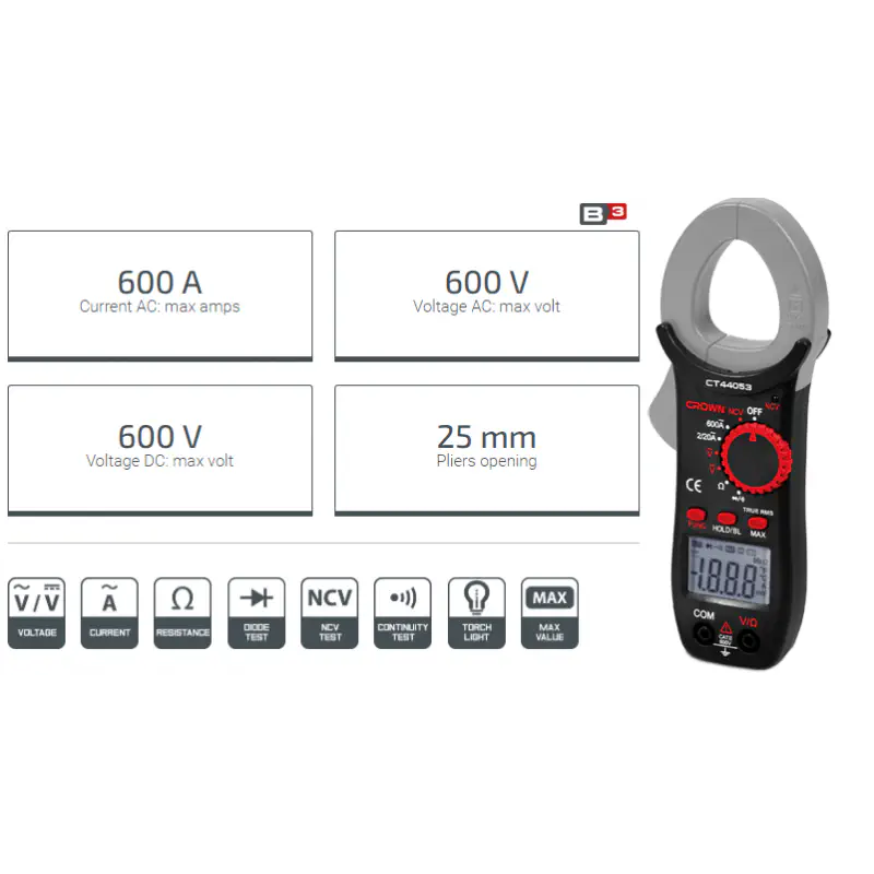 CROWN Digital Clamp Meter AC/DC Voltage 600V, AC Current 600A Model: CT44053