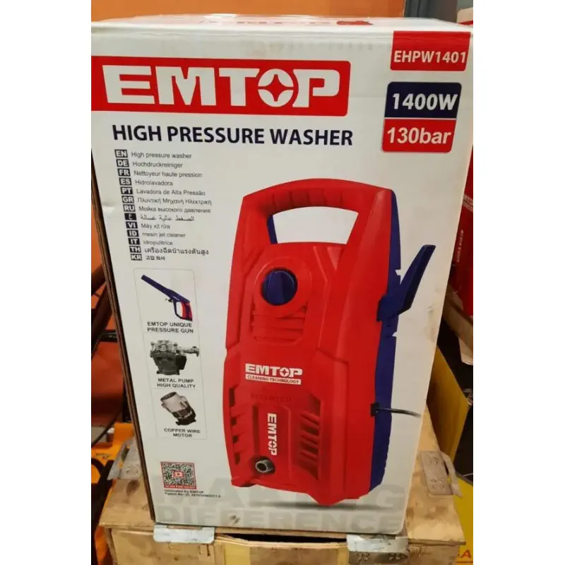 EMTOP EHPW1401 High Pressure Washer | 1400W Power | 130 Bar (1900 PSI) | 5.5 L/Min | Auto Stop System | Model: EHPW1401