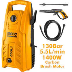 INGCO HPWR14008 High Pressure Washer – 1400W Induction Motor, 130 Bar (1900PSI), 5.5 L/min Flow Rate, Car & Bike Washer with 5m Pressure Hose