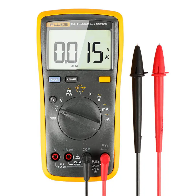Fluke 15B+ Digital Multimeter, for Electrical Applications, Measures AC/DC Voltage and Current Measurements up to 1000V and 10A, Along with Resistance, Continuity, Diode, and Capacitance Capabilities