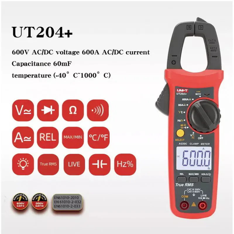 UNI-T UT204+ Digital Clamp Meter AC/DC 600A Clamp on meter Current Tester High Precision Multimeter.