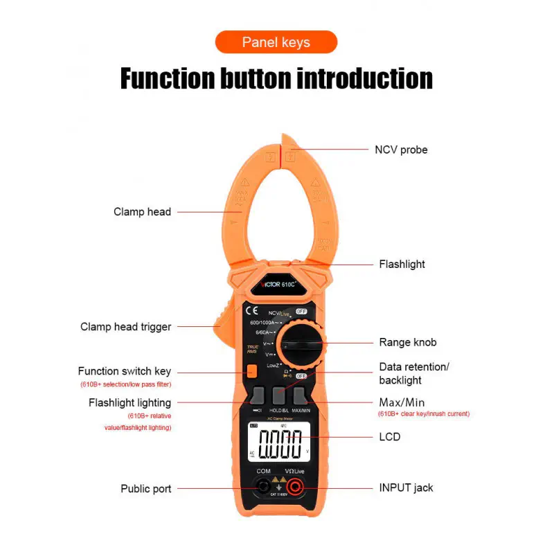 VICTOR 610C+ AC 1000A 750V Digital Clamp Meter DC 1000V 5999 counts VFC True RMS NCV Live Flashlight clam