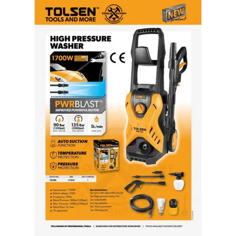 TOLSEN 1700w, 135Bar High Pressure Washer 2000PSI w/ Self Priming Function  PWRBLAST Model: 79589
