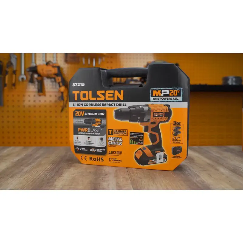 Tolsen 20V LI-ION Cordless Impact Drill with 2 Battery & Hard Case 13mm Metal Chuck (screwdriving / drilling / impact drilling) 87215