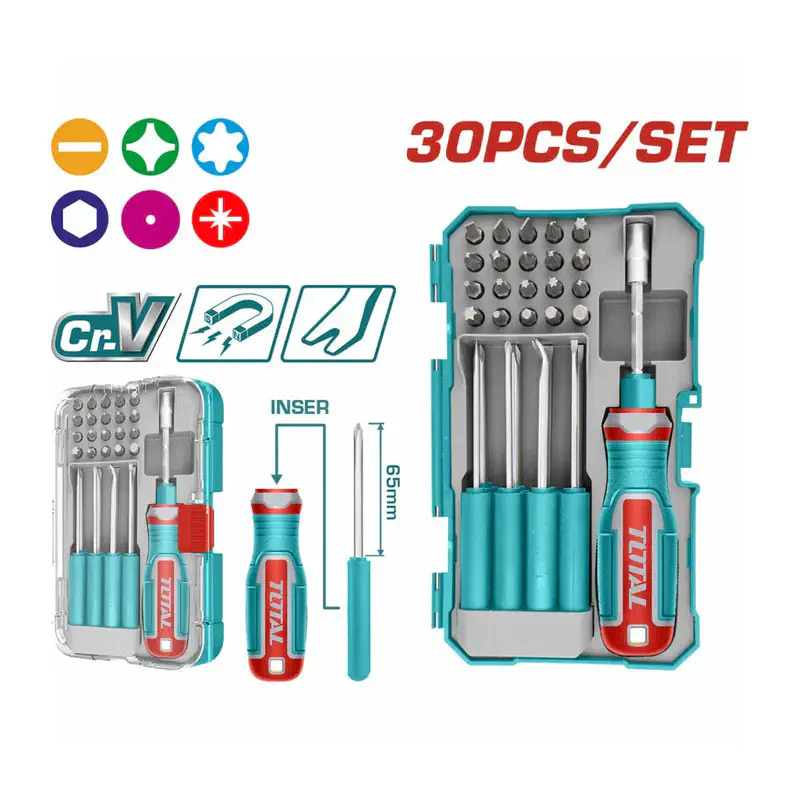 TOTAL 30Pcs Interchangeable Screwdriver and Bits Set TACSD30307 – Complete Multi-Bit Repair Kit with Magnetic Holder