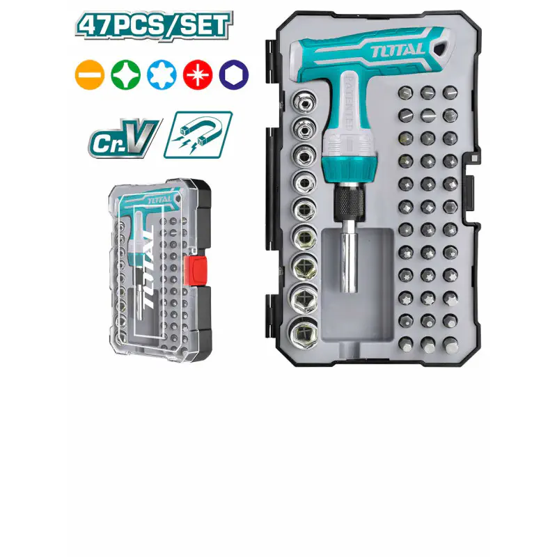 TOTAL 47Pcs T-Handle Wrench Screwdriver Set With Ratchet Handle, Magnetic Bit Holder, CR-V Bits & 1/4" Sockets Model TACSD30476