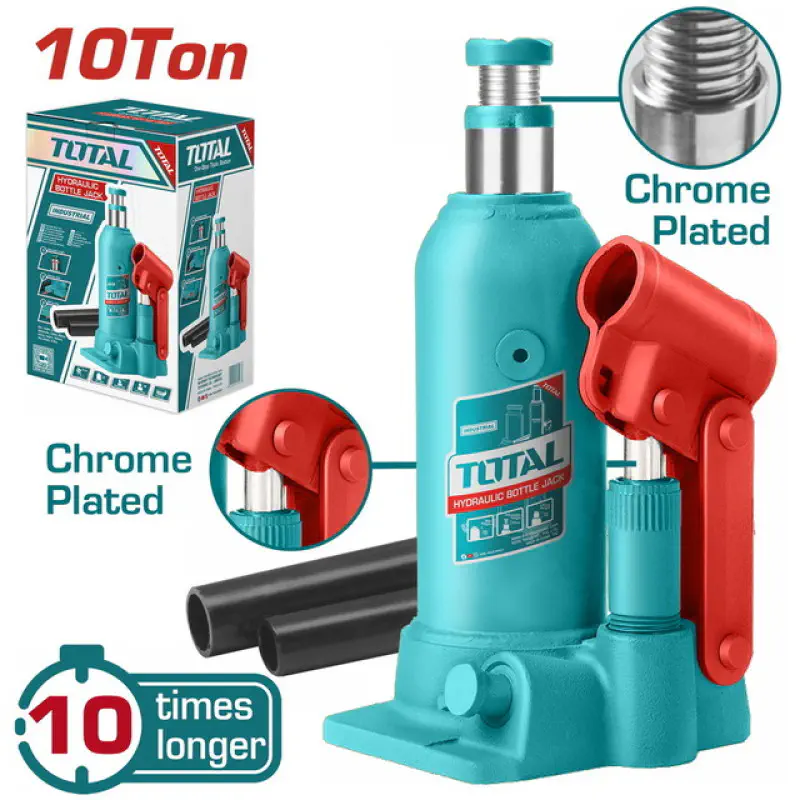 TOTAL Hydraulic Bottle Jack 10 Ton Capacity, 220-488mm Lift Range, Nickel-Plated Piston, Rust-Resistant THT109104