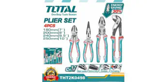 TOTAL 4Pcs Plier Set THT2K0458 – High Leverage, Cr-V Steel, TPR Non-Slip Handles, Black Polished Finish