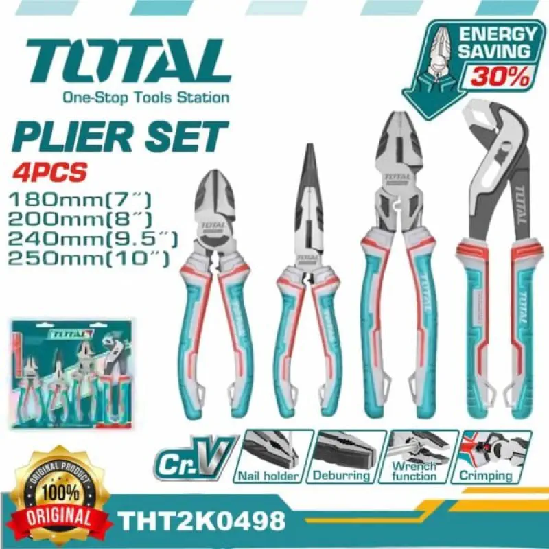 TOTAL 4Pcs Plier Set THT2K0458 – High Leverage, Cr-V Steel, TPR Non-Slip Handles, Black Polished Finish