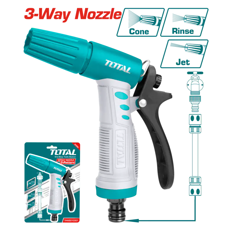 TOTAL Plastic Trigger Nozzle THWS010301 – 3-Way Adjustable Spray Gun, TPR Soft Grip, Nylon Lever, 3/4" Hose Connector