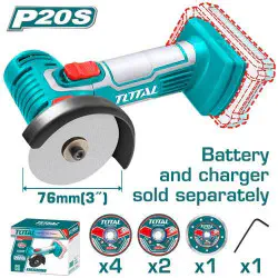 TOTAL Lithium-Ion Mini Cut-Off Tool TAGLI7601 – 20V, 19,500 RPM, 76mm (3") Disc, Brushless Motor, with 7 Accessories (Tool Only)