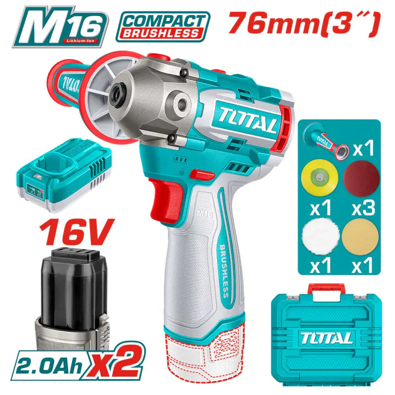 TOTAL Cordless Polisher TAPLI1676 – 16V Brushless, Variable Speed (0-2800/0-8300 rpm), 76mm (3") Pad, with 2 x 2.0Ah Batteries, Charger & 6 Accessories