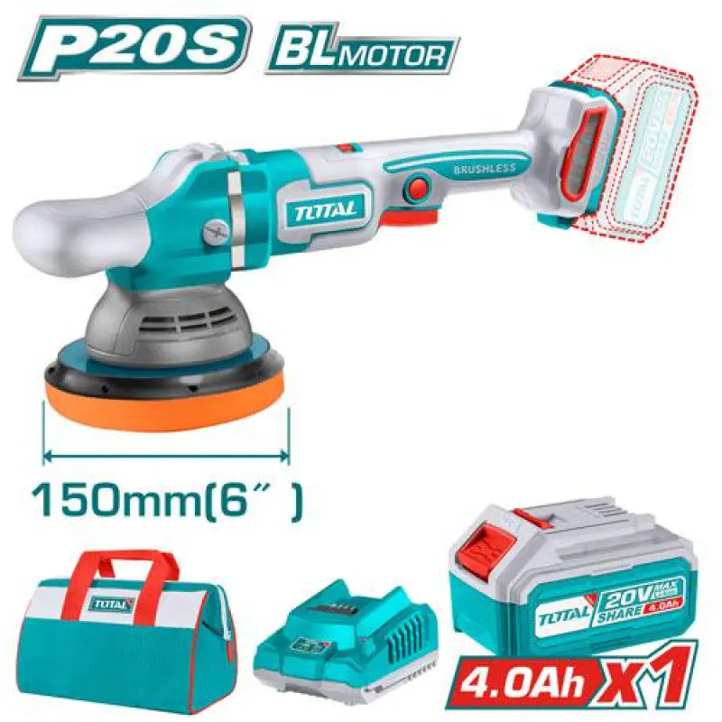 TOTAL Cordless Polisher TAPLI20151 – 20V Brushless, 2000-4500 rpm Variable Speed, 150mm Pad, with 4.0Ah Battery, Charger & Polishing Bonnet