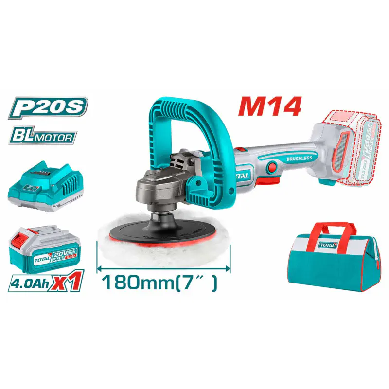 TOTAL Li-ion Polisher TAPLI20181 – 20V Brushless, 400-2800 rpm Variable Speed, 180mm (7") Pad, M14 Spindle, with 4.0Ah Battery, Charger & Accessories