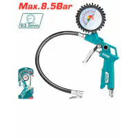 TOTAL Air Tyre Inflating Gun 8.5 Bar (120 PSI) Max Pressure, 1/4" Air Inlet, 63.5mm Gauge, 350mm Hose TAT11601