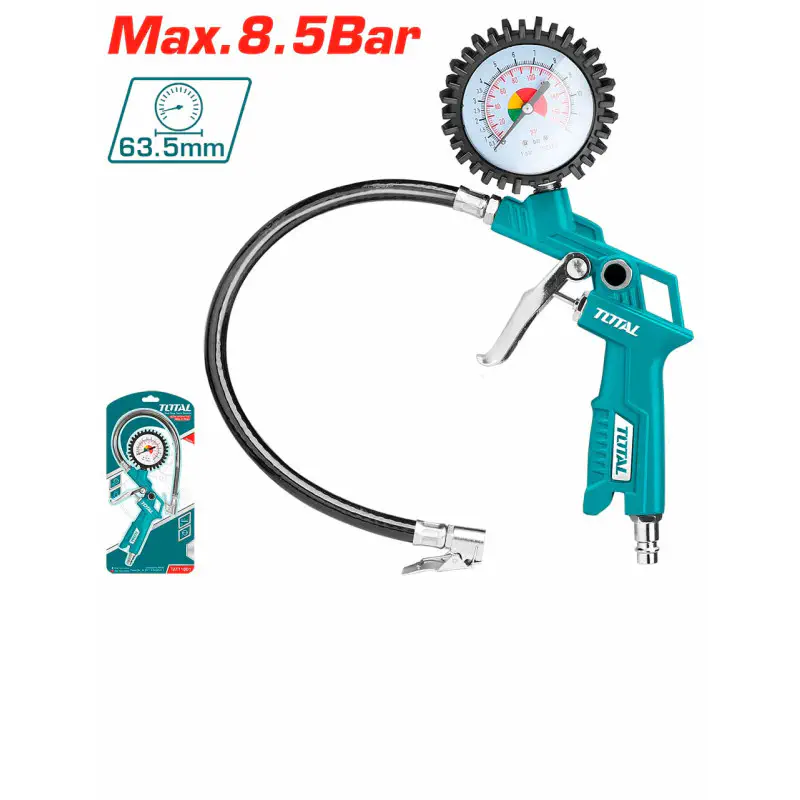 TOTAL Air Tyre Inflating Gun 8.5 Bar (120 PSI) Max Pressure, 1/4" Air Inlet, 63.5mm Gauge, 350mm Hose TAT11601