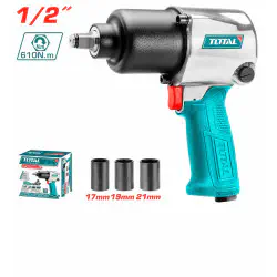 TOTAL Air Impact Wrench TAT40122 – 1/2" Square Drive, 610Nm Max Torque, 7000 rpm, Twin Hammer Mechanism, with 3 Sockets & 4 Connectors