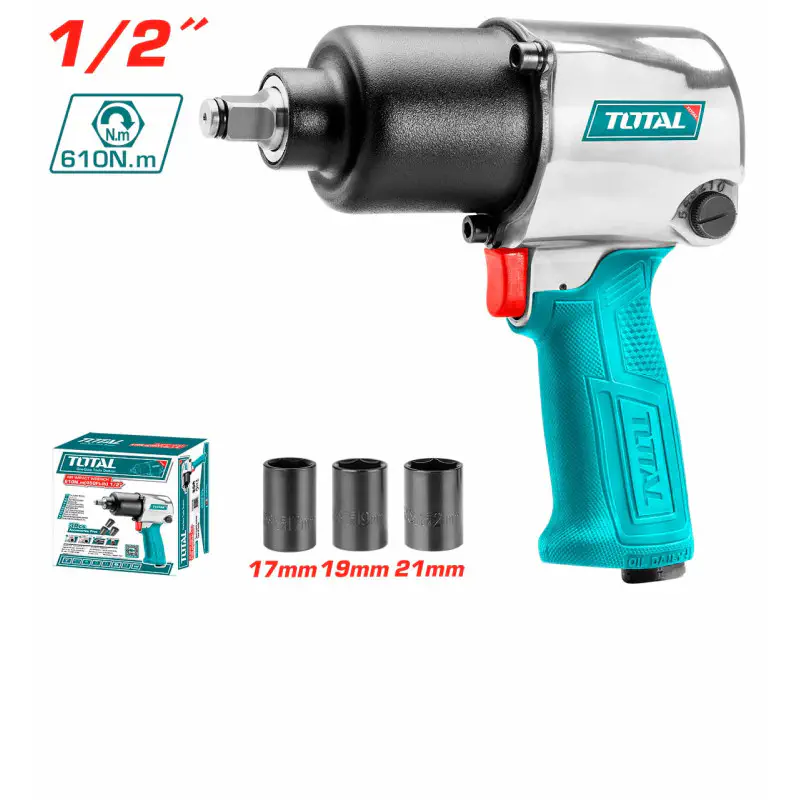 TOTAL Air Impact Wrench TAT40122 – 1/2" Square Drive, 610Nm Max Torque, 7000 rpm, Twin Hammer Mechanism, with 3 Sockets & 4 Connectors