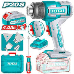 TOTAL Cordless Heat Gun 20V, 300/550°C Dual Temperature, 100/200 L/min Airflow, with 4.0Ah Battery, Charger, 3 Nozzles & Scraper TBLI20065