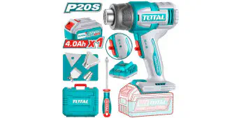 TOTAL Cordless Heat Gun 20V, 300/550°C Dual Temperature, 100/200 L/min Airflow, with 4.0Ah Battery, Charger, 3 Nozzles & Scraper TBLI20065