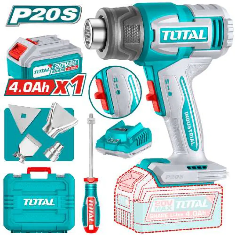 TOTAL Cordless Heat Gun 20V, 300/550°C Dual Temperature, 100/200 L/min Airflow, with 4.0Ah Battery, Charger, 3 Nozzles & Scraper TBLI20065