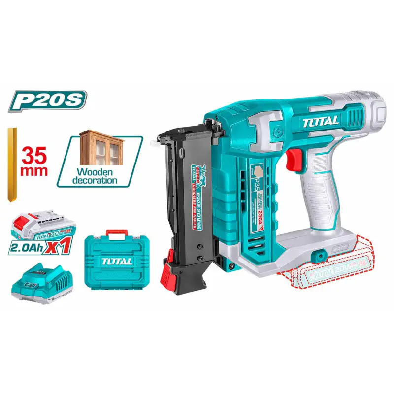 TOTAL Cordless Pin Nailer 20V, 23GA Headless Pins (10-35mm), 3 Nails/s, 140-Pin Magazine, with 2.0Ah Battery, Charger & 3600 Pins TCBNLI3606