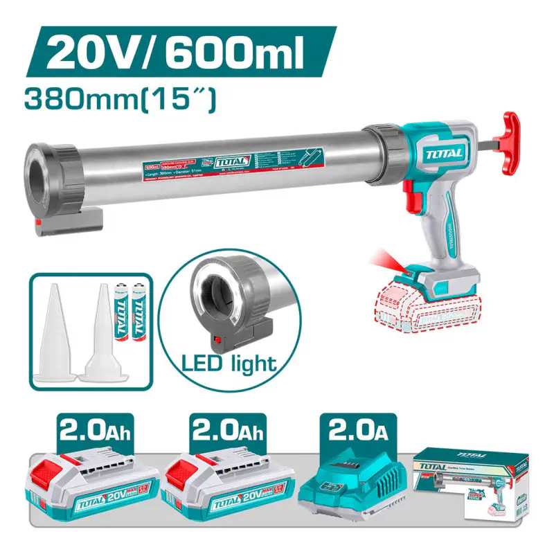 TOTAL Li-ion Caulking Gun 20V, 600ml Aluminum Cartridge, 2800N Thrust, 5-Speed Control, Vacuum Function, with 2 x 2.0Ah Batteries & Charger TCGLI20031