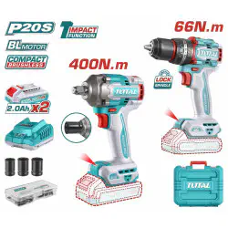 TOTAL Li-ion 2 Pcs Combo Kit TCKLI20275 – 20V Brushless Impact Drill (66Nm) & Brushless Impact Wrench (550Nm Nut-Busting) with 2 x 2.0Ah Batteries, Charger & 50 Accessories