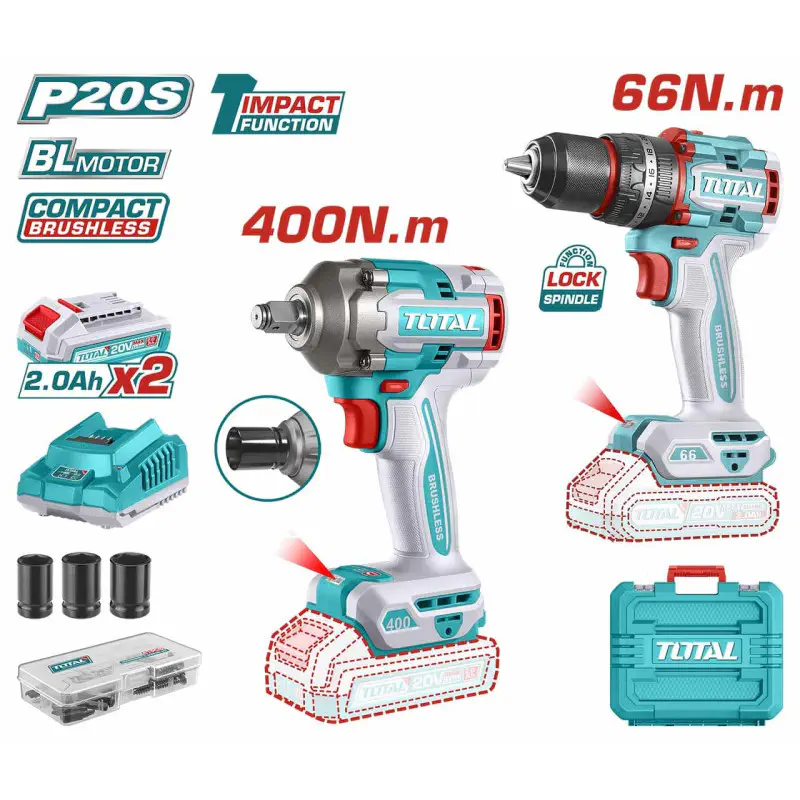 TOTAL Li-ion 2 Pcs Combo Kit TCKLI20275 – 20V Brushless Impact Drill (66Nm) & Brushless Impact Wrench (550Nm Nut-Busting) with 2 x 2.0Ah Batteries, Charger & 50 Accessories