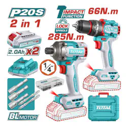 OTAL Li-ion 2 Pcs Combo Kit TCKLI20277 – 20V Brushless Impact Drill (66Nm) & Brushless Impact Driver (285Nm) with 2 x 2.0Ah Batteries, Charger & 52 Accessories