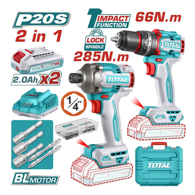 OTAL Li-ion 2 Pcs Combo Kit TCKLI20277 – 20V Brushless Impact Drill (66Nm) & Brushless Impact Driver (285Nm) with 2 x 2.0Ah Batteries, Charger & 52 Accessories