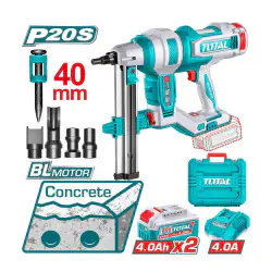 TOTAL Cordless Concrete Nailer 20V Brushless, 19-40mm Nails, for Concrete C60 & Steel 6mm, with 2 x 4.0Ah Batteries, Charger & 1000 Nails TCNLI9008