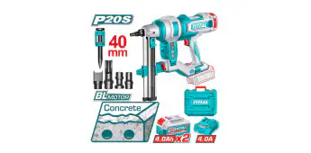TOTAL Cordless Concrete Nailer 20V Brushless, 19-40mm Nails, for Concrete C60 & Steel 6mm, with 2 x 4.0Ah Batteries, Charger & 1000 Nails TCNLI9008