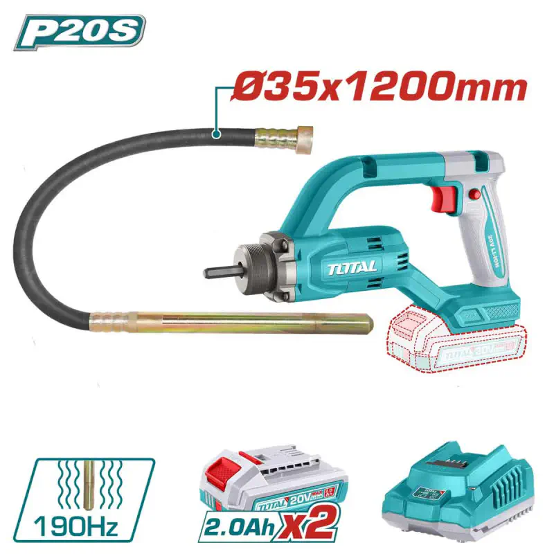 TOTAL Cordless Concrete Vibrator TCVLI2025021 – 20V, 2500 rpm, 190Hz, 35x1200mm Poker, with 2 x 2.0Ah Batteries & Charger