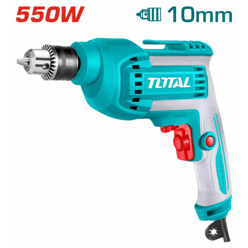 TOTAL Electric Drill TD55108 – 550W, 0-3300 rpm, 10mm Chuck, Variable Speed & Forward/Reverse Switch, with Extra Carbon Brushes