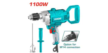 TOTAL Mixer TD61106 – 1100W, 0-680 rpm, 16mm Max Capacity, Aluminum Gearbox, Forward + Reverse Action, with Mixing Paddle & Auxiliary Handle