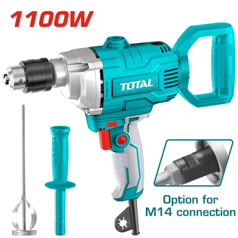 TOTAL Mixer TD61106 – 1100W, 0-680 rpm, 16mm Max Capacity, Aluminum Gearbox, Forward + Reverse Action, with Mixing Paddle & Auxiliary Handle