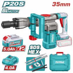 TOTAL Cordless Demolition Breaker TDBLI203582 – 20V Brushless, 16J Impact Energy, SDS HEX Chuck, with 2 x 5.0Ah Batteries, Charger, 2 Chisels & Carrying Case