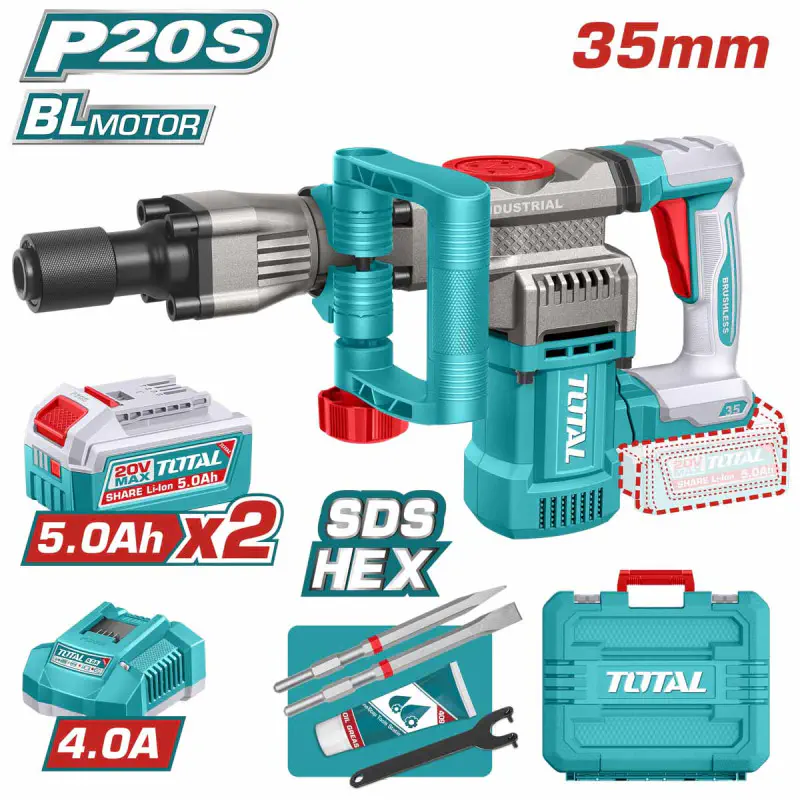 TOTAL Cordless Demolition Breaker TDBLI203582 – 20V Brushless, 16J Impact Energy, SDS HEX Chuck, with 2 x 5.0Ah Batteries, Charger, 2 Chisels & Carrying Case