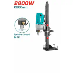 TOTAL Diamond Core Drill TDDM28001 – 2800W, 200mm Max Drilling Diameter, M22 Spindle, with Drilling Stand & Leakage Protection Switch