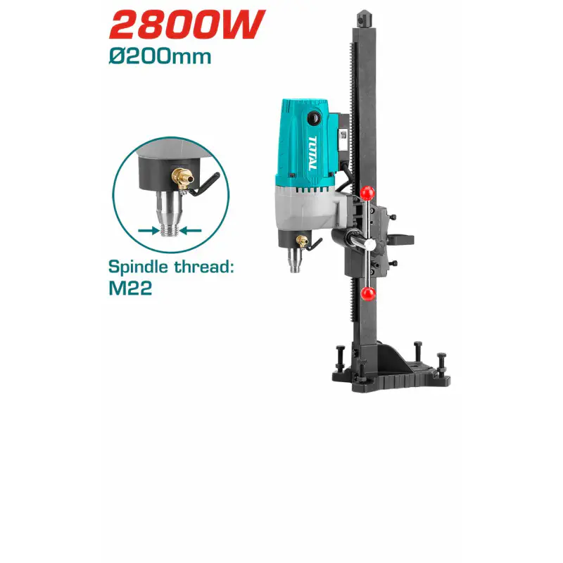 TOTAL Diamond Core Drill TDDM28001 – 2800W, 200mm Max Drilling Diameter, M22 Spindle, with Drilling Stand & Leakage Protection Switch