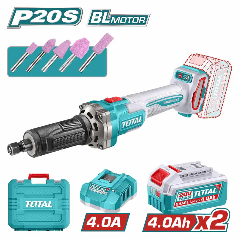 TOTAL 20V Cordless Die Grinder TDGLI20012 – Brushless Motor, 10,000/20,000/30,000 RPM, 6mm (1/4") Collet, with 2 x 4.0Ah Batteries, Charger, 5 Mounted Points & Carrying Case