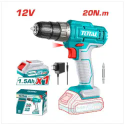 TOTAL 12V Cordless Drill TDLI1218 – 20Nm Torque, 15+1 Settings, LED Work Light & Battery Indicator, with 1.5Ah Battery, Charger & Cr-V Bit