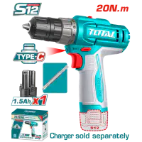 TOTAL 12V Cordless Drill Driver TDLI122061 – 20Nm Torque, 2-Speed, 15+1 Settings, USB Type-C Charging, with 1.5Ah Battery