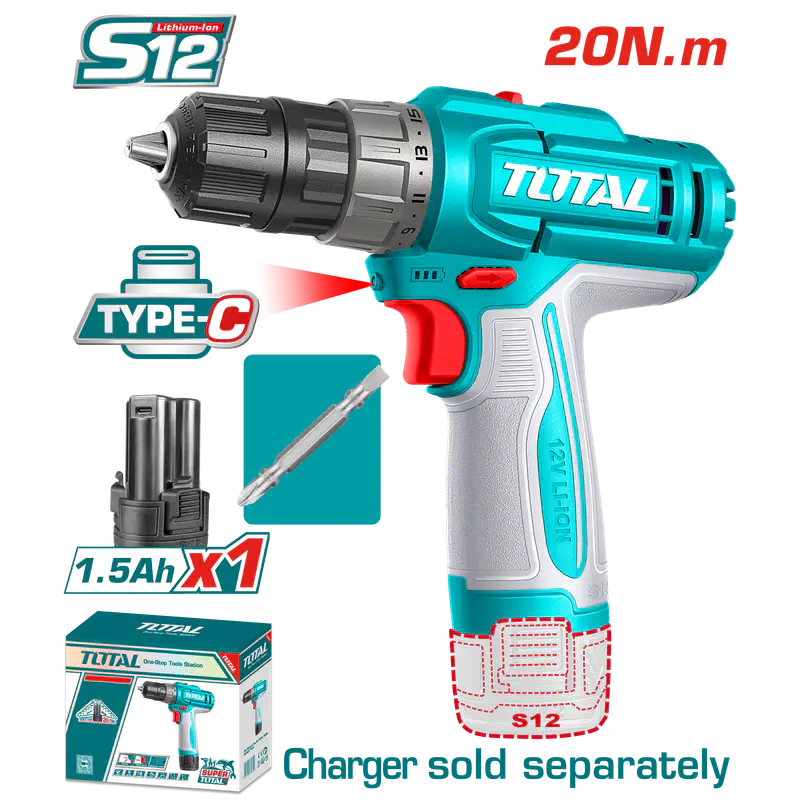 TOTAL 12V Cordless Drill Driver TDLI122061 – 20Nm Torque, 2-Speed, 15+1 Settings, USB Type-C Charging, with 1.5Ah Battery